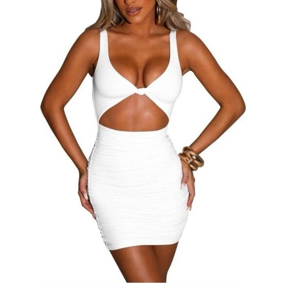Women Ruched Mini Sleeveless Bodycon Dress Sexy Party Cut Out Clubwear Size M - Picture 1 of 4